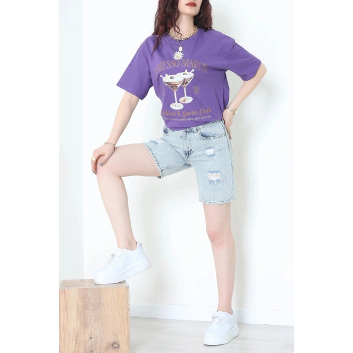 Suprem Baskılı Oversize Tişört Mor - 31889.1878.
