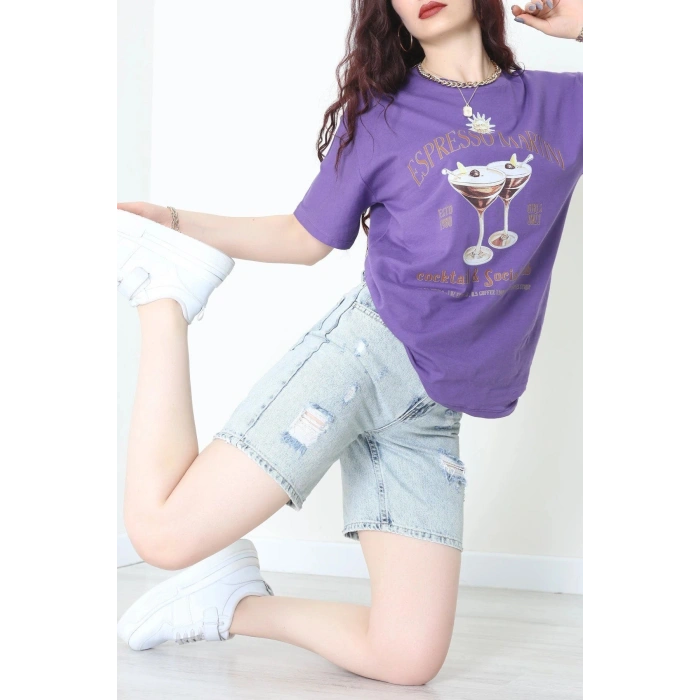Suprem Baskılı Oversize Tişört Mor - 31889.1878.