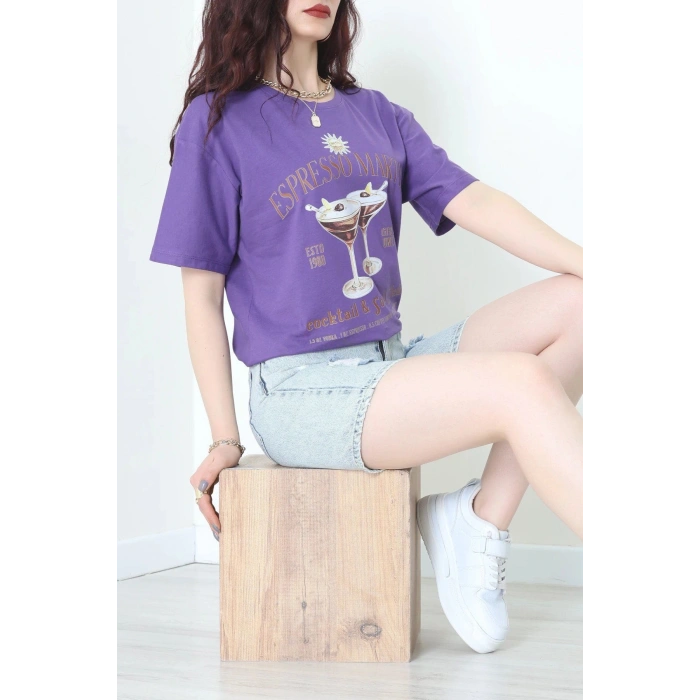 Suprem Baskılı Oversize Tişört Mor - 31889.1878.