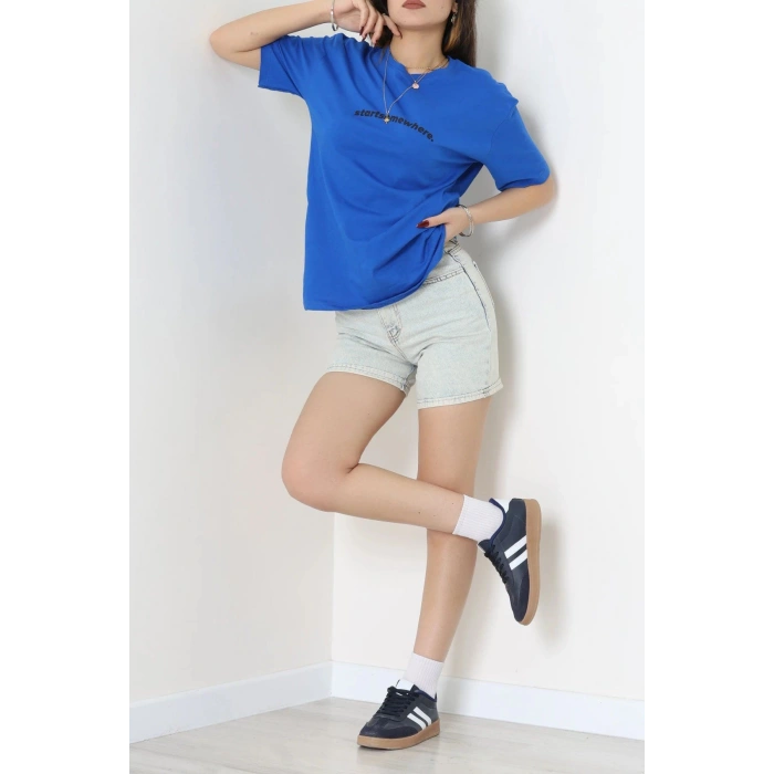 Suprem Baskılı Oversize Tişört Saks - 31887.1878.