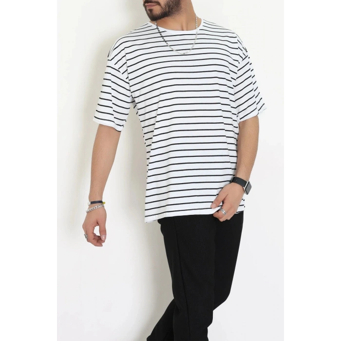 Süprem Çizgili Oversize Erkek Tişört Beyazsiyah - 71108.1567.