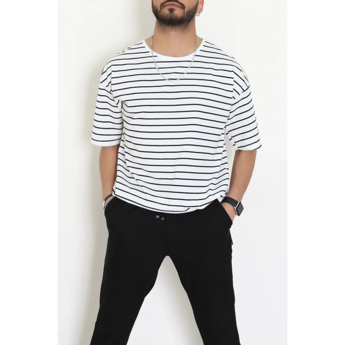 Süprem Çizgili Oversize Erkek Tişört Beyazsiyah - 71108.1567.