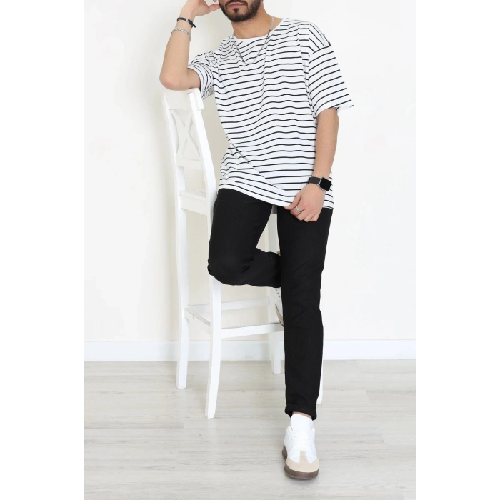 Süprem Çizgili Oversize Erkek Tişört Beyazsiyah - 71108.1567.