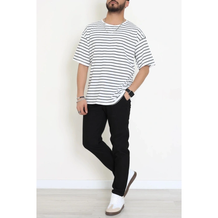 Süprem Çizgili Oversize Erkek Tişört Beyazsiyah - 71108.1567.