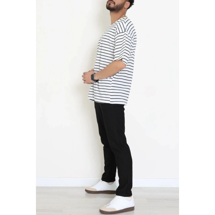 Süprem Çizgili Oversize Erkek Tişört Beyazsiyah - 71108.1567.