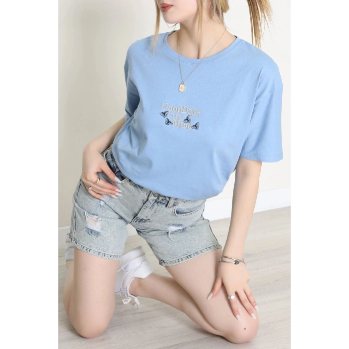 Suprem Nakışlı Oversize Tişört Bebemavi - 31882.1878.