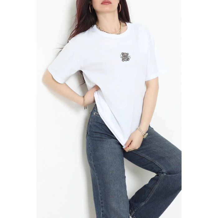Suprem Nakışlı Oversize Tişört Beyaz - 31877.1878.