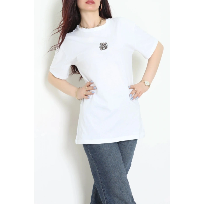 Suprem Nakışlı Oversize Tişört Beyaz - 31877.1878.