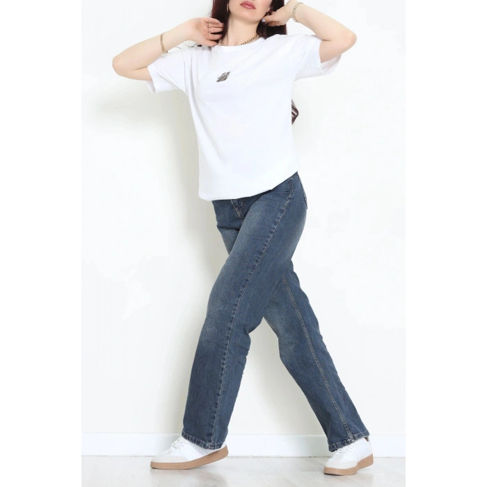 Suprem Nakışlı Oversize Tişört Beyaz - 31877.1878.
