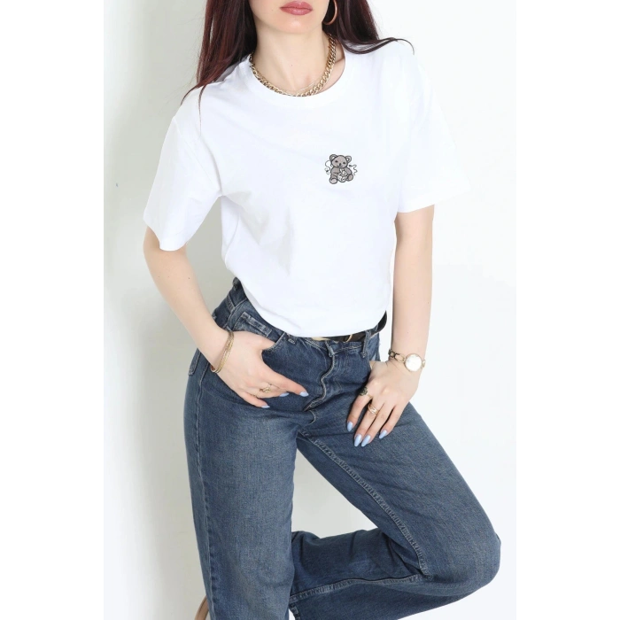 Suprem Nakışlı Oversize Tişört Beyaz - 31877.1878.