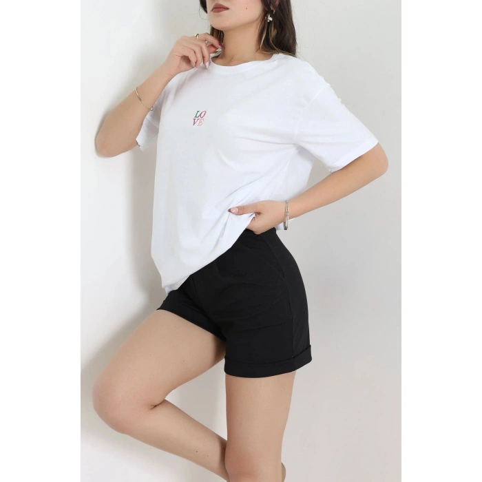 Suprem Nakışlı Oversize Tişört Beyaz - 31879.1878.