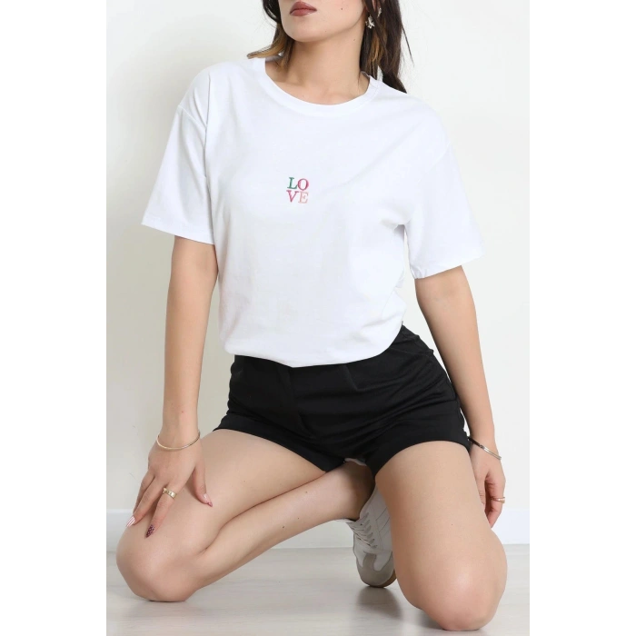 Suprem Nakışlı Oversize Tişört Beyaz - 31879.1878.