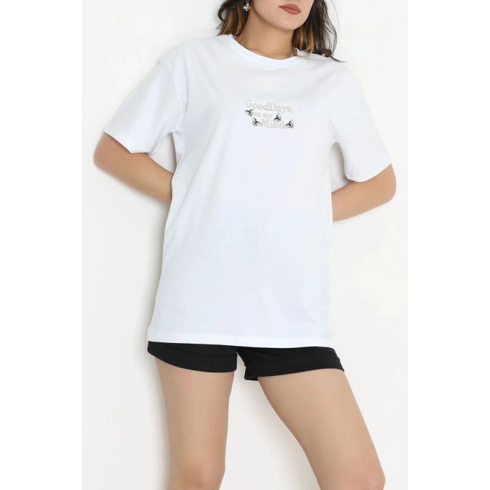 Suprem Nakışlı Oversize Tişört Beyaz - 31882.1878.