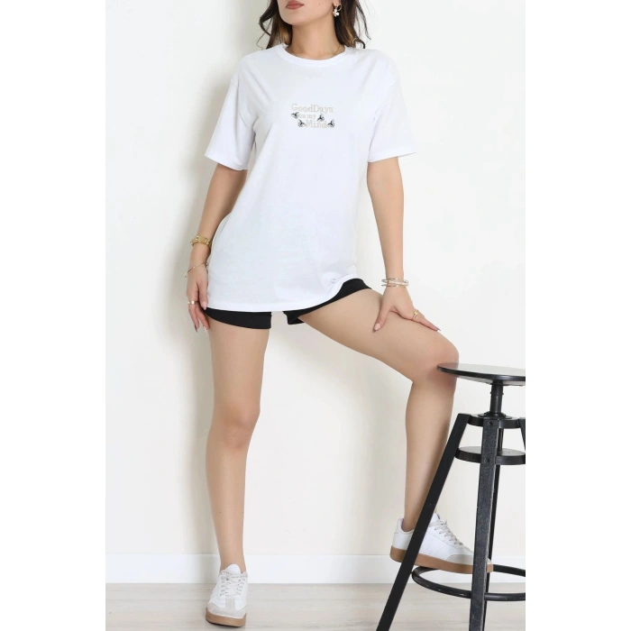 Suprem Nakışlı Oversize Tişört Beyaz - 31882.1878.