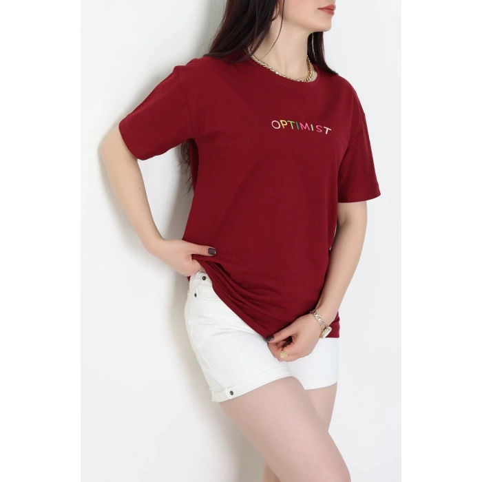 Suprem Nakışlı Oversize Tişört Bordo - 31878.1878.