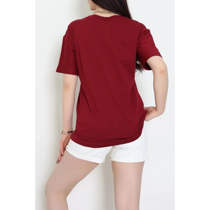 Suprem Nakışlı Oversize Tişört Bordo - 31878.1878.