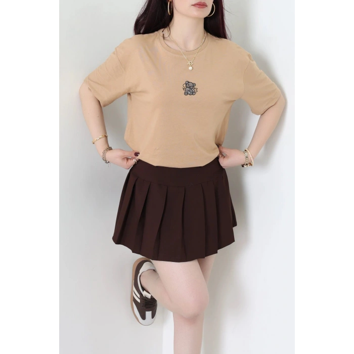 Suprem Nakışlı Oversize Tişört Camel - 31877.1878.