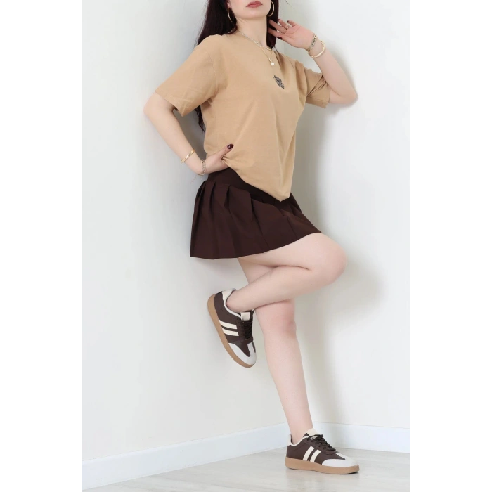 Suprem Nakışlı Oversize Tişört Camel - 31877.1878.