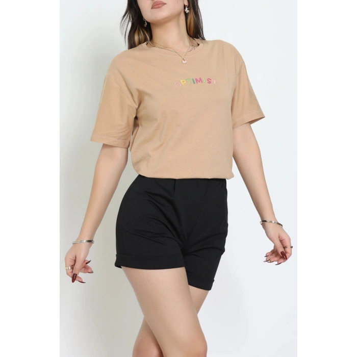 Suprem Nakışlı Oversize Tişört Camel - 31878.1878.