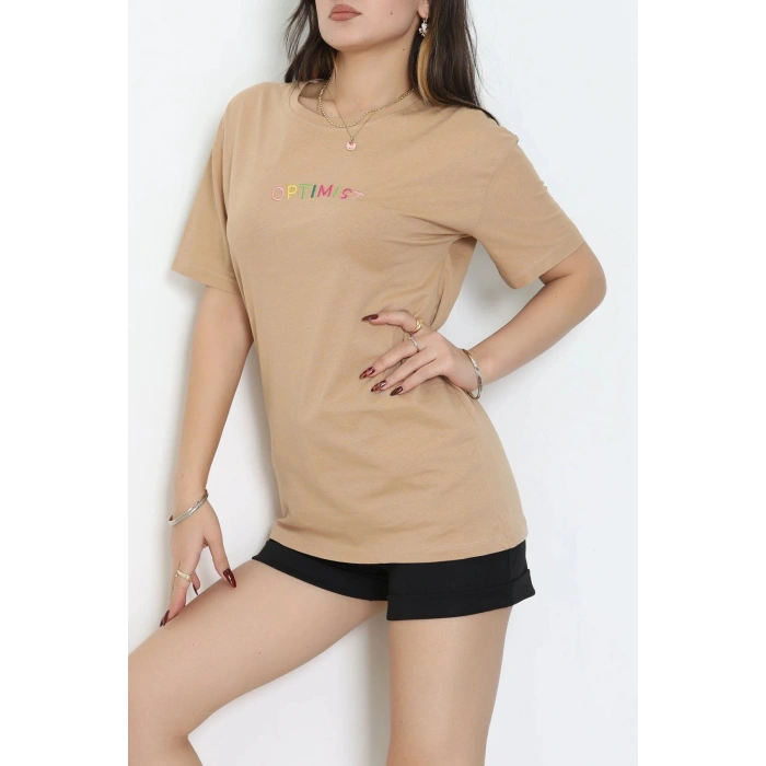 Suprem Nakışlı Oversize Tişört Camel - 31878.1878.