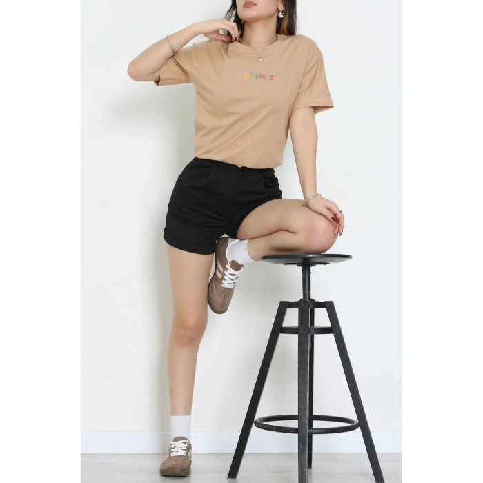 Suprem Nakışlı Oversize Tişört Camel - 31878.1878.