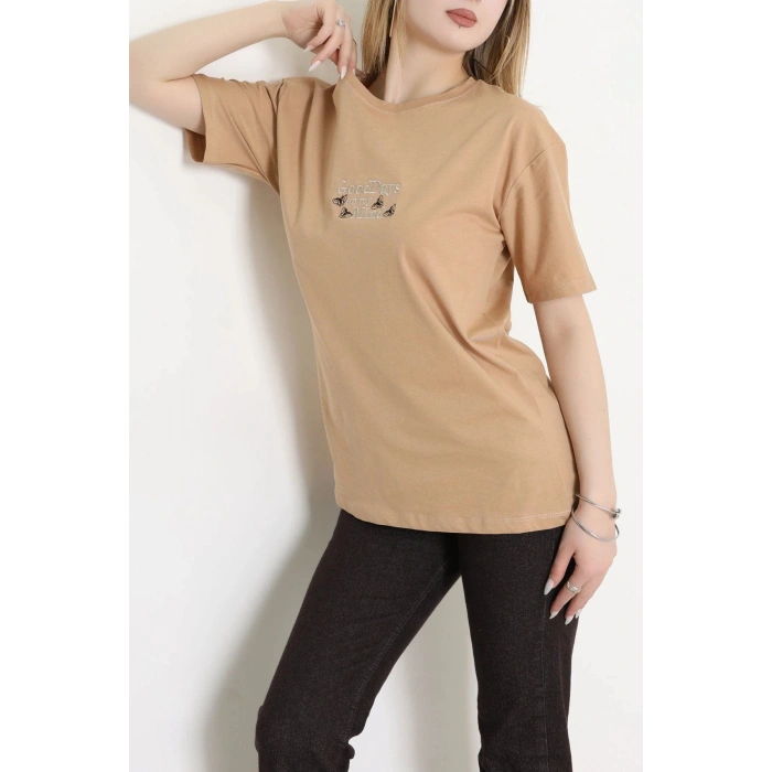 Suprem Nakışlı Oversize Tişört Camel - 31882.1878.