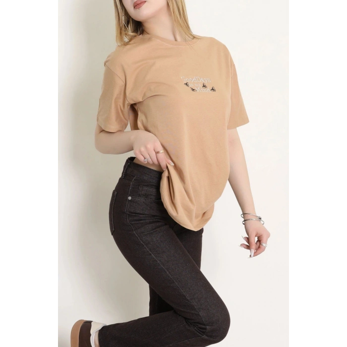 Suprem Nakışlı Oversize Tişört Camel - 31882.1878.