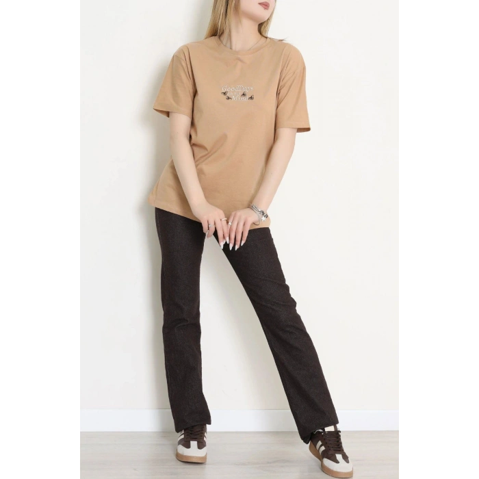 Suprem Nakışlı Oversize Tişört Camel - 31882.1878.