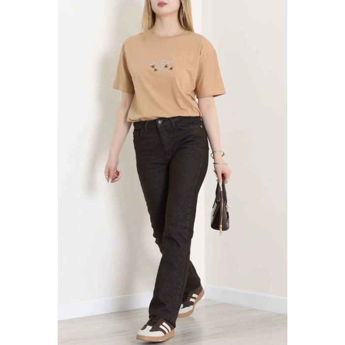 Suprem Nakışlı Oversize Tişört Camel - 31882.1878.