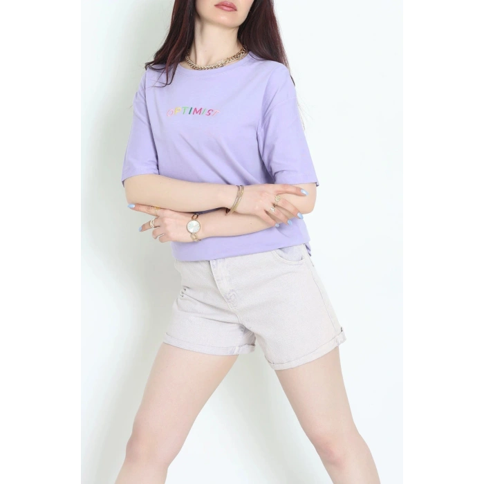 Suprem Nakışlı Oversize Tişört Lila - 31878.1878.