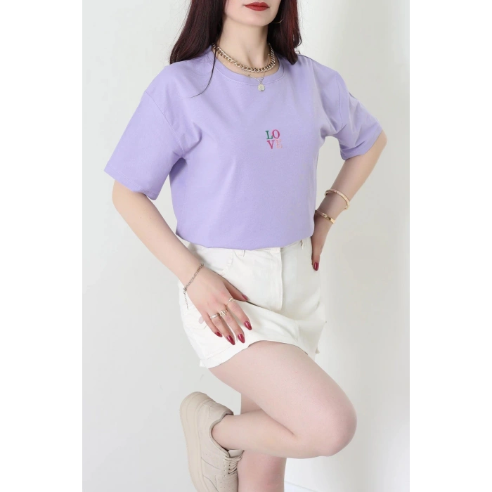 Suprem Nakışlı Oversize Tişört Lila - 31879.1878.