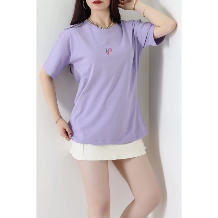 Suprem Nakışlı Oversize Tişört Lila - 31879.1878.