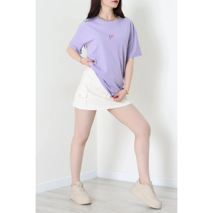 Suprem Nakışlı Oversize Tişört Lila - 31879.1878.