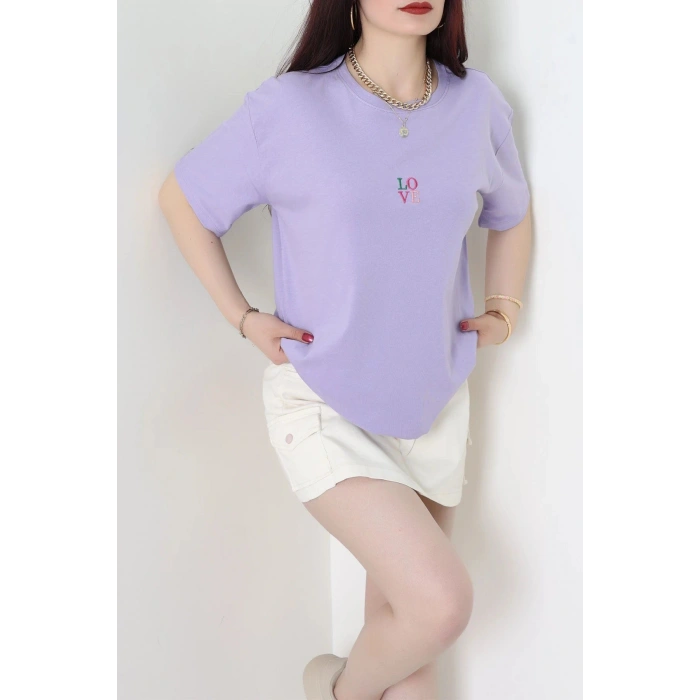 Suprem Nakışlı Oversize Tişört Lila - 31879.1878.