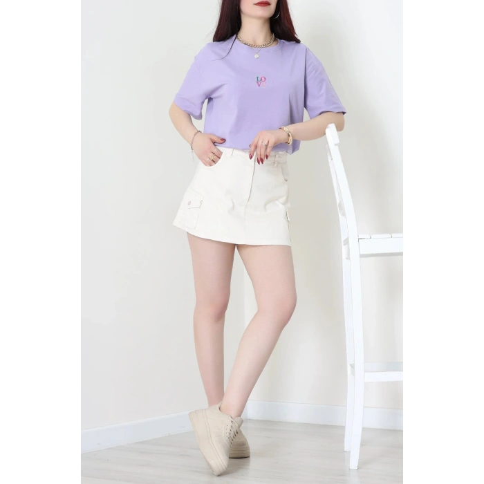 Suprem Nakışlı Oversize Tişört Lila - 31879.1878.