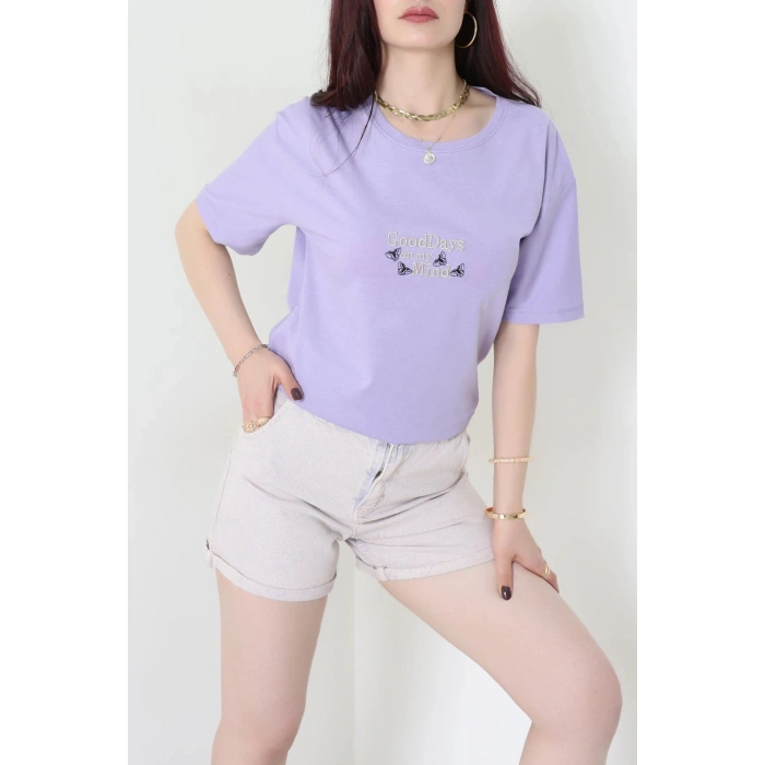 Suprem Nakışlı Oversize Tişört Lila - 31882.1878.