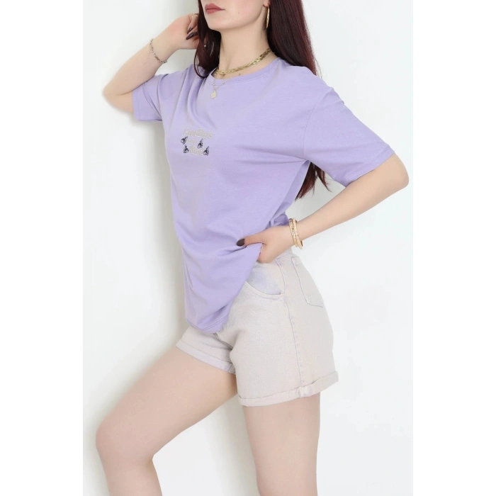 Suprem Nakışlı Oversize Tişört Lila - 31882.1878.