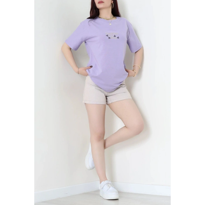 Suprem Nakışlı Oversize Tişört Lila - 31882.1878.