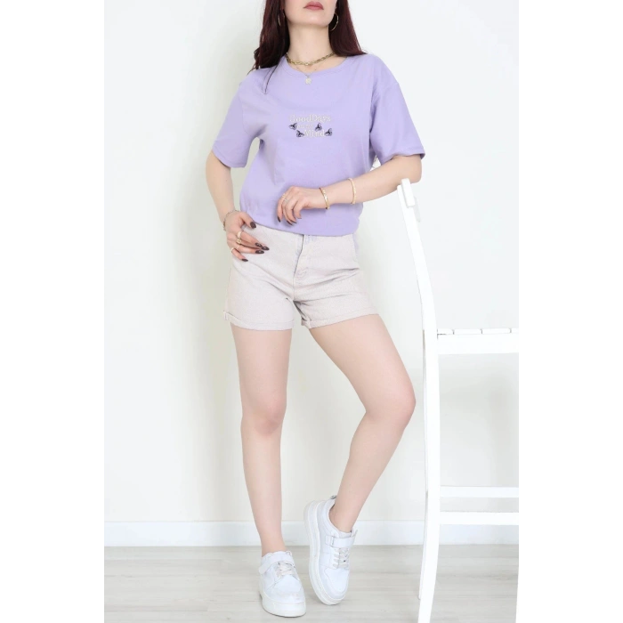 Suprem Nakışlı Oversize Tişört Lila - 31882.1878.