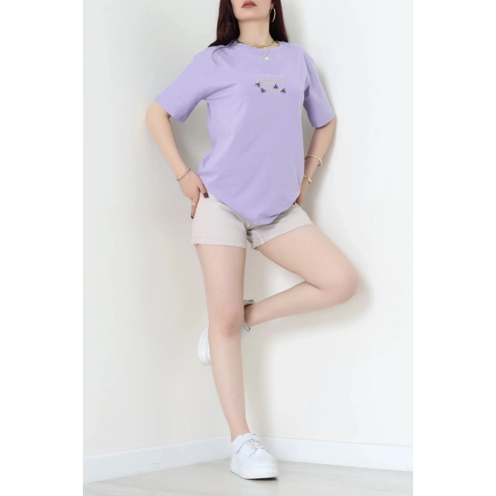 Suprem Nakışlı Oversize Tişört Lila - 31882.1878.