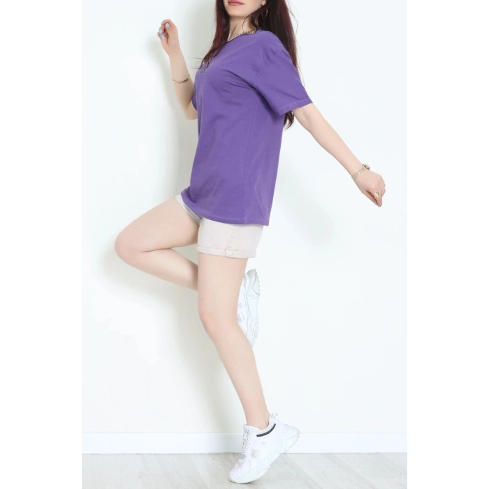 Suprem Nakışlı Oversize Tişört Mor - 31877.1878.