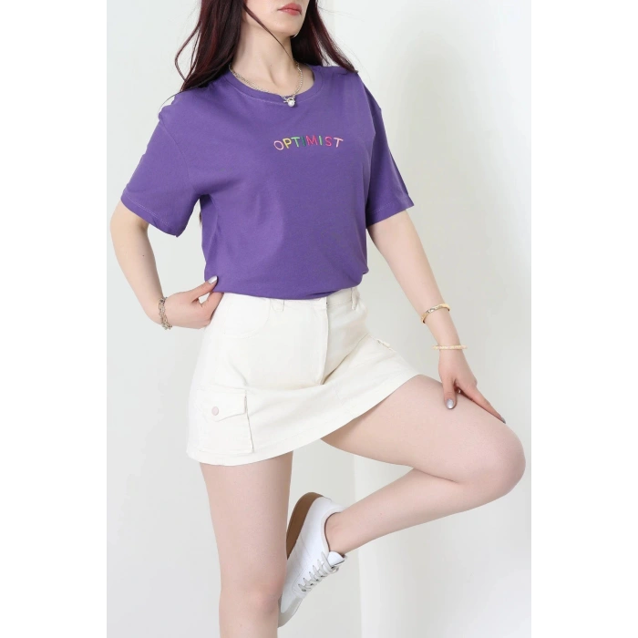 Suprem Nakışlı Oversize Tişört Mor - 31878.1878.