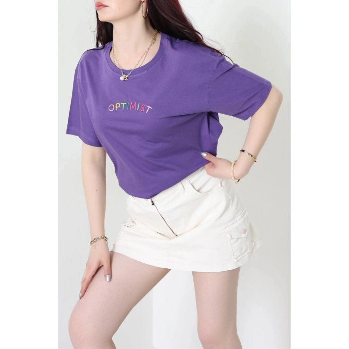 Suprem Nakışlı Oversize Tişört Mor - 31878.1878.
