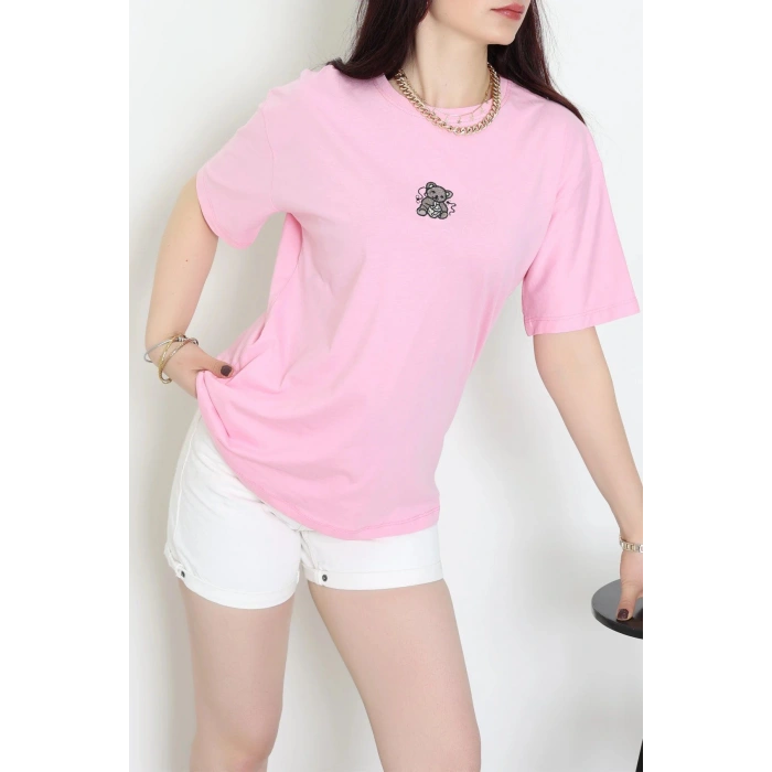 Suprem Nakışlı Oversize Tişört Pembe - 31877.1878.