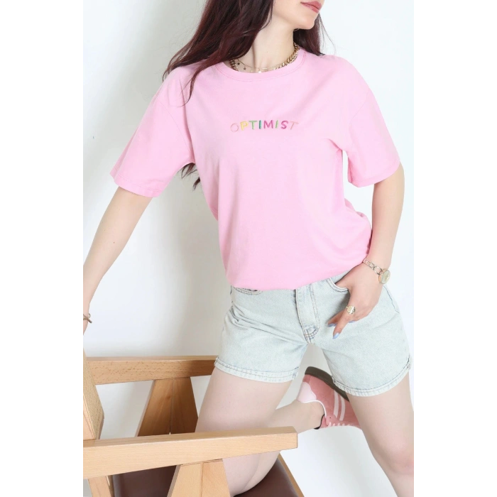 Suprem Nakışlı Oversize Tişört Pembe - 31878.1878.