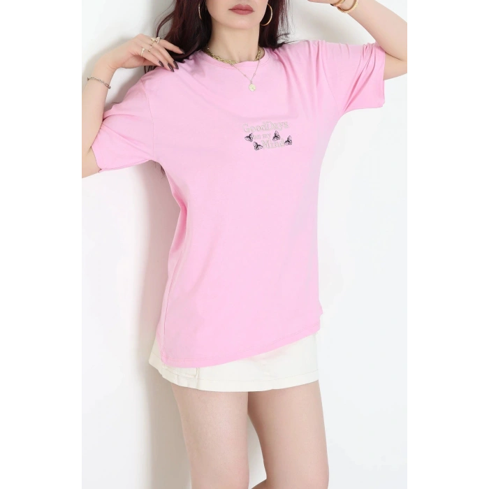 Suprem Nakışlı Oversize Tişört Pembe - 31882.1878.