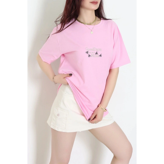 Suprem Nakışlı Oversize Tişört Pembe - 31882.1878.