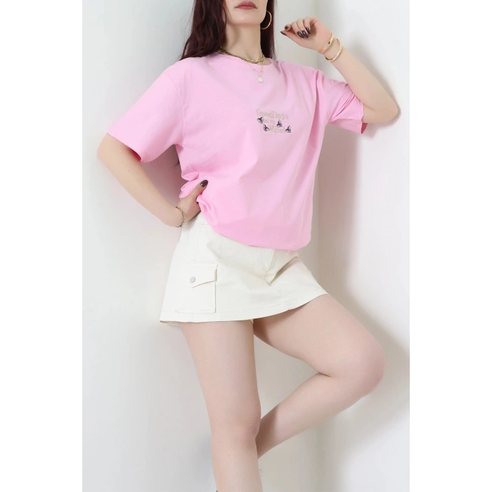 Suprem Nakışlı Oversize Tişört Pembe - 31882.1878.