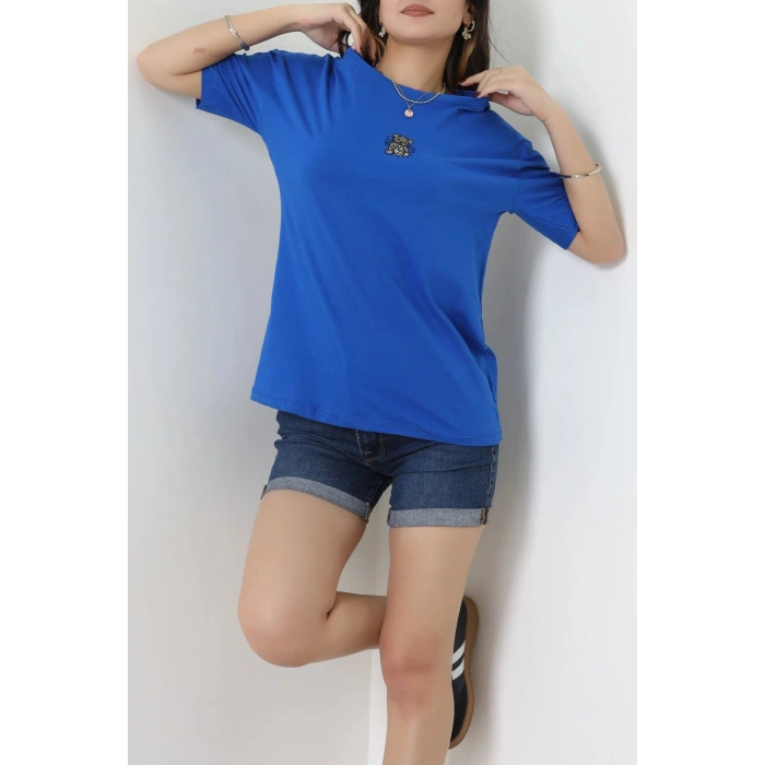 Suprem Nakışlı Oversize Tişört Saks - 31877.1878.