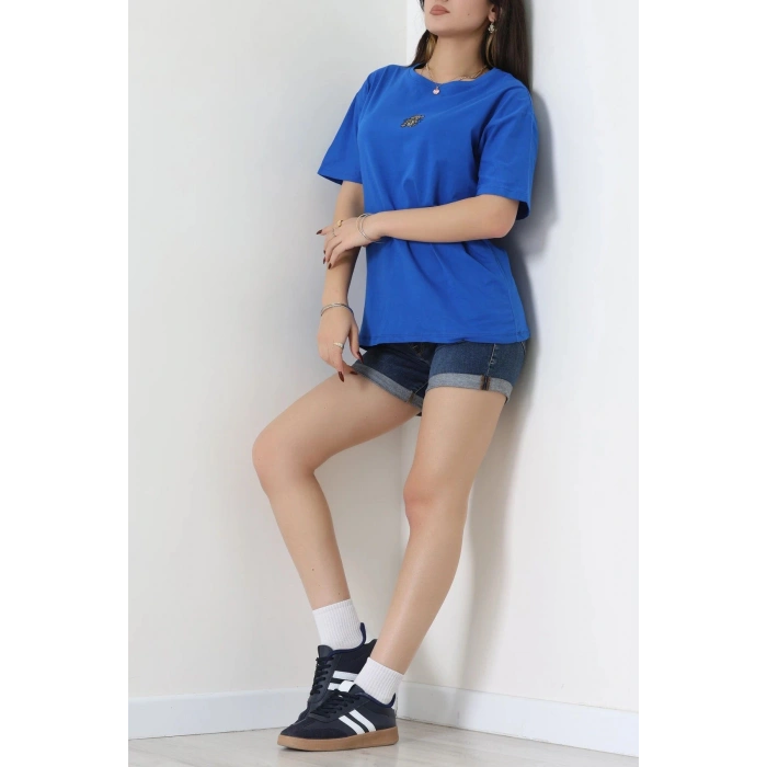 Suprem Nakışlı Oversize Tişört Saks - 31877.1878.